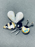 Whimsical Native American Zuni Signed Inlay Blue Gem Turquoise Sterling Silver Bee Pin Pendant-Nativo Arts