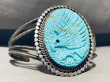 Intricately Hand Carved Vintage Native American Navajo Turquoise Eagle Sterling Silver Bracelet-Nativo Arts