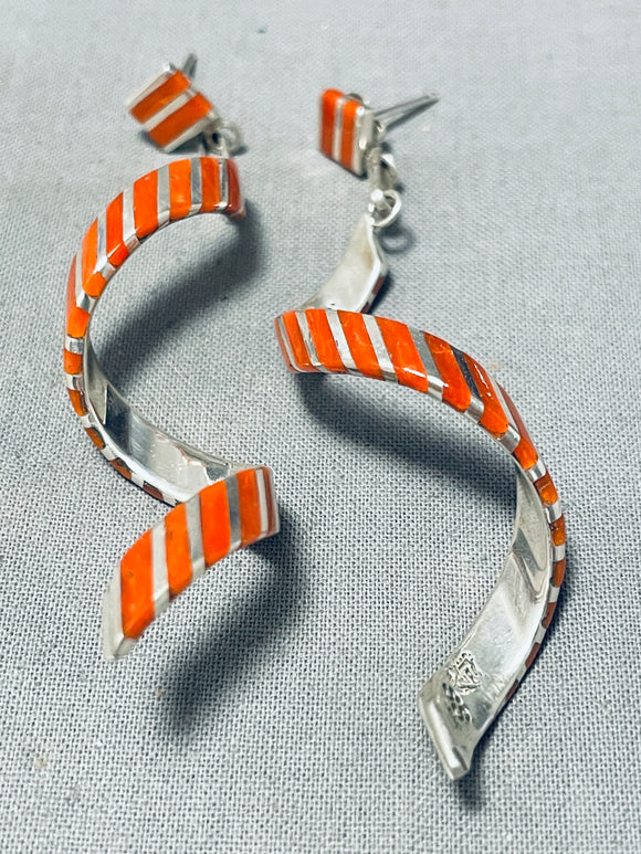 Heard Artist Vintage Native American Zuni Coral Spiral Sterling Silver Earrings-Nativo Arts