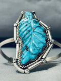 Completely Hand Carved Turquoise Vintage Native American Navajo Leaf Sterling Silver Bracelet-Nativo Arts