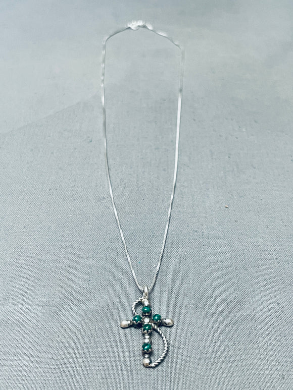 Lula Bowanna Vintage Native American Navajo Green Turquoise Sterling Silver Cross Necklace-Nativo Arts