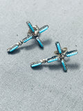 Fab Vintage Native American Zuni Needle Turquoise Sterling Silver Earrings-Nativo Arts