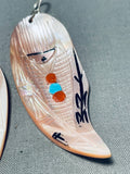 Spectacular Native American Zuni Large Shell Turquoise Coral Corn Maiden Earrings-Nativo Arts