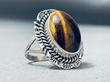 Tigers Eye Double Shank Vintage Native American Navajo Signed Betty Smith Sterling Silver Ring