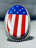 Calvin Desson Native American Navajo Coral Lapis Sterling Silver American Flag Ring-Nativo Arts