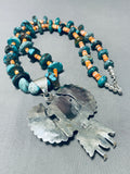 Fascinating Native American Navajo Signed Kingman Turquoise Spiny Silver Kachina Necklace-Nativo Arts