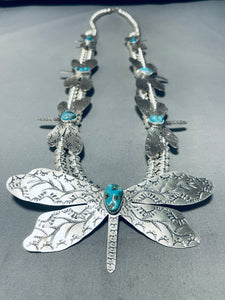 So Cute!! Native American Navajo Dragonfly Sterling Silver Turquoise Squash Blossom Necklace-Nativo Arts