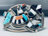 Museum Quality Vintage Native American Zuni Turquoise Kachina Sterling Silver Inlay Bracelet-Nativo Arts