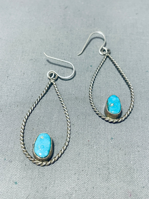 Lovely Vintage Native American Navajo Blue Gem Turquoise Sterling Silver Dangle Earrings-Nativo Arts