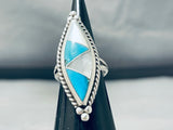Striking Vintage Native American Navajo Blue Gem Turquoise & Mop Sterling Silver Ring Signed-Nativo Arts