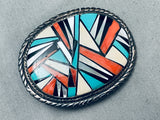 One Of The Most Intricate Vintage Native American Navajo Turquoise Inlay Sterling Silver Buckle-Nativo Arts