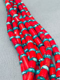 471 Grams Coral Navajo Turquoise Sterling Silver Necklace-Nativo Arts