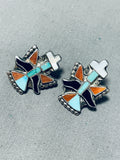 One Of The Finest Vintage Zuni Turquoise Inlay Sterling Silver Earrings-Nativo Arts