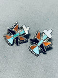 Native American One Of The Finest Vintage Zuni Turquoise Inlay Sterling Silver Earrings-Nativo Arts