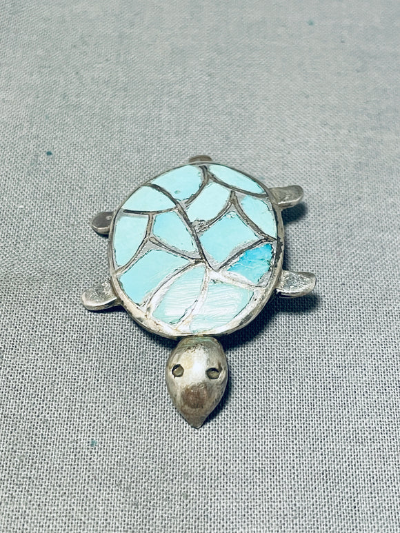 Cutest Vintage Native American Zuni Blue Gem Turquoise Sterling Silver Turtle Pin-Nativo Arts