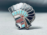 One Of The Best Vintage Native American Zuni Chief Turquoise Inlay Sterling Silver Ring Old-Nativo Arts