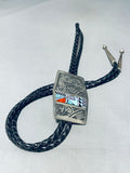 One Of The Best Vintage Native American Navajo Turquoise Inlay Sterling Silver Bolo Tie-Nativo Arts