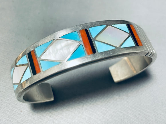 6' Wrist Vintage Navajo Turquoise Inlay Sterling Silver Bracelet Cuff-Nativo Arts