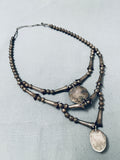 Early 1900s Vintage Native American Navajo Tiered Turquoise Sterling Silver Necklace