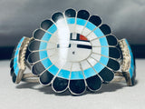 Massive Vintage Native American Zuni Signed Inlay Sunface Turquoise Sterling Silver Bracelet-Nativo Arts