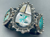 Heavy 151 Grams Vintage Native American Navajo Turquoise Bird Inlay Sterling Silver Bracelet-Nativo Arts