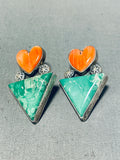 Marvelous Vintage Native American Navajo Signed Damale Turquoise Spiny Heart Silver Earrings-Nativo Arts
