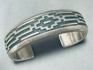 Amazing Native American Navajo Handcarved Sterling Silver Rug Designs Dan Jackson Bracelet-Nativo Arts