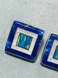 Dazzling Native American Navajo Inlay Lapis Opal Mother Of Pearl Sterling Silver Square Earrings-Nativo Arts