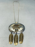 Gigantic 4 Inch Vintage Native American Navajo Sterling Silver Gold Eagle Necklace-Nativo Arts
