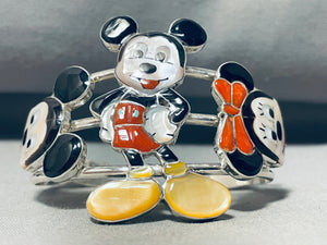 Native American Gasp! Zuni Mickey Mouse Huge Coral Sterling Silver Inlay Bracelet-Nativo Arts