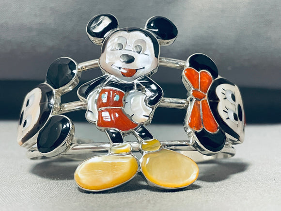 Native American Gasp! Zuni Mickey Mouse Huge Coral Sterling Silver Inlay Bracelet-Nativo Arts