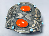 Chunky Dunky Coral Huge Vintage Native American Navajo Turquoise Sterling Silver Bracelet-Nativo Arts