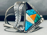 Jaw Dropping Fab Vintage Native American Navajo Turquoise Inlay Sterling Silver Leaf Bracelet-Nativo Arts