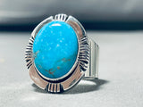 Brilliant Native American Navajo Signed Kingman Turquoise Sterling Silver Nakai Ring-Nativo Arts