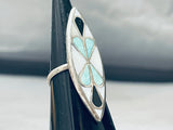 Gorgeous Vintage Native American Zuni Turquoise Sterling Silver Inlay Ring Old-Nativo Arts
