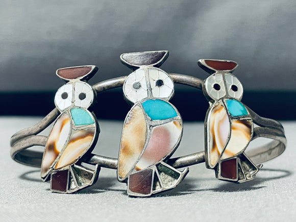 Important Vintage Native American Zuni Corlene Leekya Owl Sterling Silver Bracelet-Nativo Arts