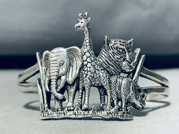 Jaguar Giraffe Rhino Vintage Sterling Silver Animal Bracelet-Nativo Arts