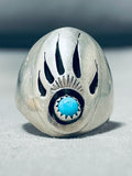 Signed Vintage Native American Navajo Sleeping Beauty Turquoise Sterling Silver Bear Track Ring-Nativo Arts