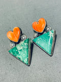 Marvelous Vintage Native American Navajo Signed Damale Turquoise Spiny Heart Silver Earrings-Nativo Arts