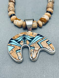 Super Intricate Vintage Native American Navajo Turquoise Inlay Bear Sterling Silver Necklace-Nativo Arts