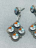 Outstanding Vintage Native American Zuni Turquoise Sterling Silver Sunface Dangle Earrings-Nativo Arts