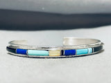Signed Vintage Native American Zuni Turquoise Lapis Mother Of Pearl Sterling Silver Bracelet-Nativo Arts