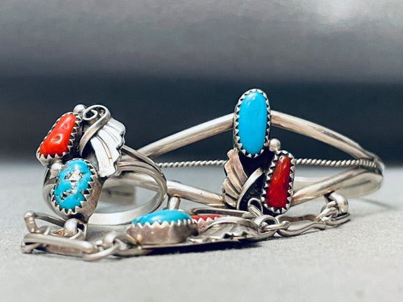 Amazing Vintage Native American Navajo Turquoise Coral Sterling Silver Slave Bracelet-Nativo Arts