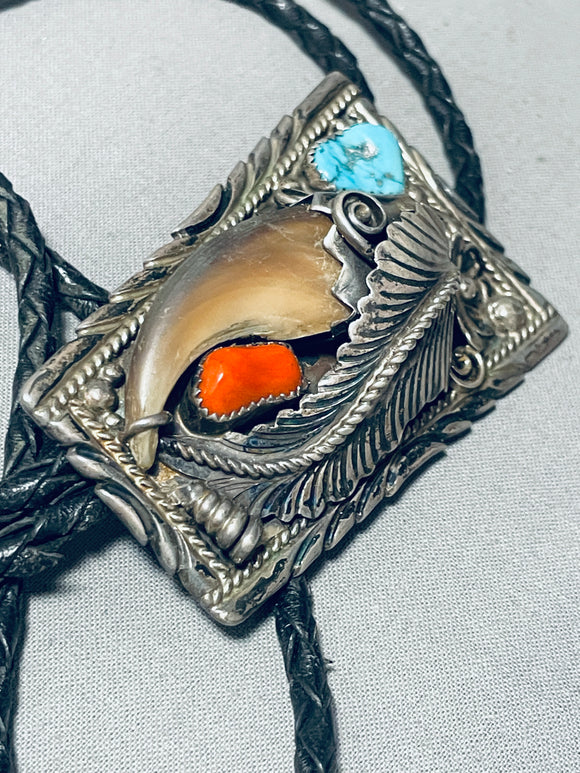 Powerful Authentic Vintage Native American Navajo Bear Turquoise Sterling Silver Leaf Bolo Tie-Nativo Arts
