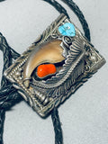 Powerful Authentic Vintage Native American Navajo Bear Turquoise Sterling Silver Leaf Bolo Tie-Nativo Arts