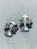 One Of The Finest Vintage Zuni Turquoise Inlay Sterling Silver Earrings-Nativo Arts