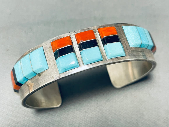 Native American 6 Inch Wrist Rare Vintage Zuni Turquoise Coral Sterling Silver Bracelet-Nativo Arts