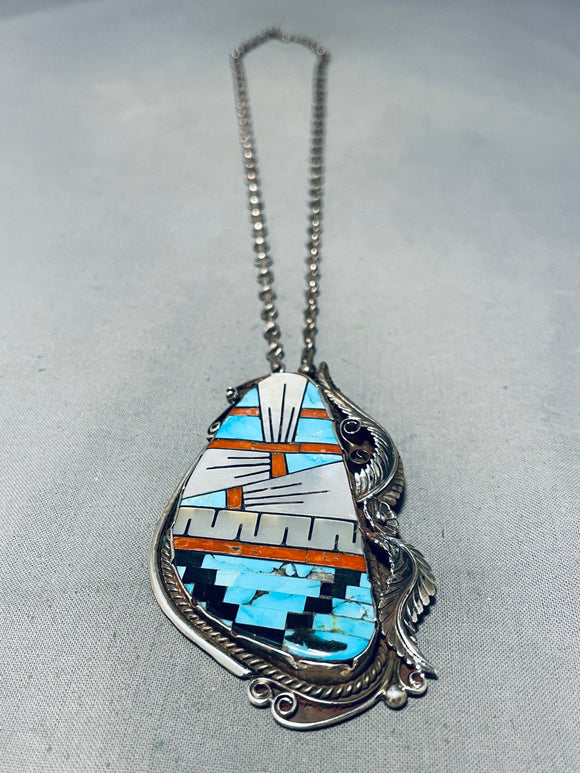 One Of Most Intricate Vintage Native American Navajo Inlay Turquoise Sterling Silver Necklace-Nativo Arts