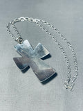 Impressive Native American Navajo Blue Gem Turquoise Sterling Silver Signed Cross Necklace-Nativo Arts