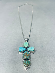 Inspirational Native American Navajo 5 Pilot Mountain Turquoise Sterling Silver Cross Necklace-Nativo Arts